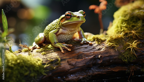 A cute toad sitting on a wet branch in the forest generated by AI
