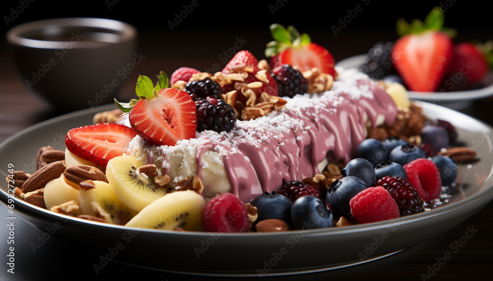 Freshness and indulgence on a wooden table gourmet fruit salad generated by AI Freshness and indulgence on a wooden table gourmet fruit salad generated by AI