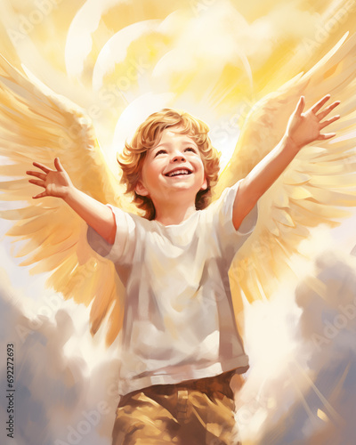 Happy little baby angel flying in sky. Angelic boy with wings. Fairy tale book character. Religious symbol. Holiday greeting card