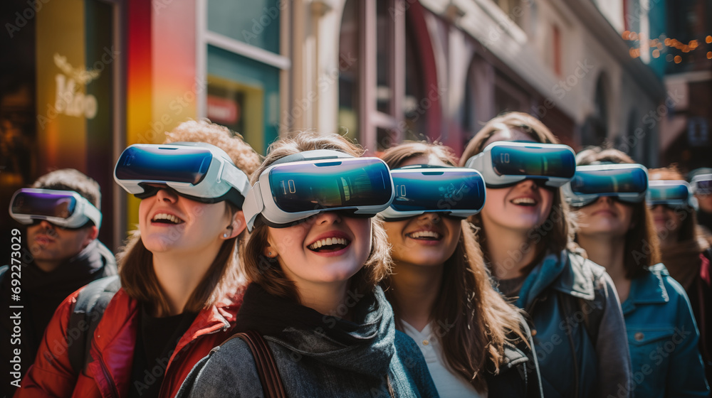 A group of young people enjoywearing VR device A group of young people enjoywearing VR device