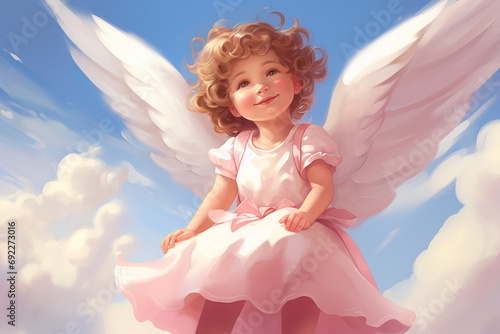 Happy little baby angel flying in sky. Angelic girl with wings. Fairy tale book character. Religious symbol. Holiday greeting card