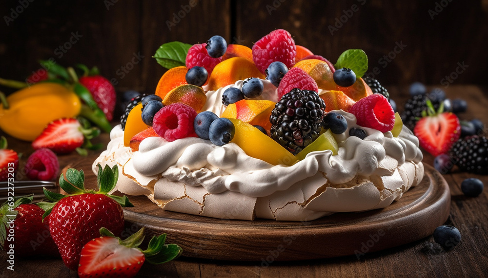 Sweet berry cheesecake with whipped cream and chocolate decoration on wood generative AI