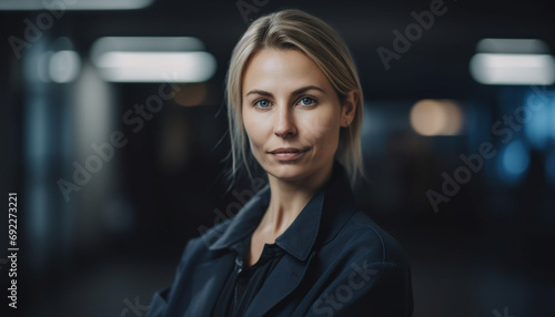 Confident young businesswoman standing in office  smiling at camera generative AI
