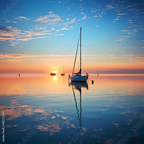 Sailboats anchored in a calm and reflective bay