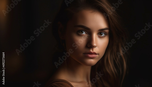 Beautiful woman, young and confident, looking at camera smiling generative AI