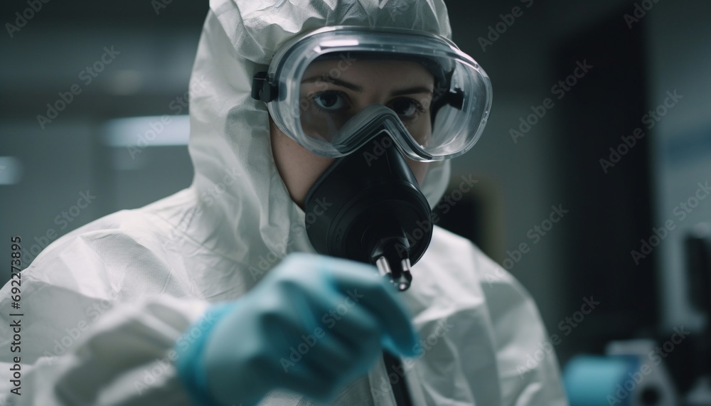 Scientist analyzing dangerous bacterium with protective workwear and equipment generative AI Scientist analyzing dangerous bacterium with protective workwear and equipment generative AI