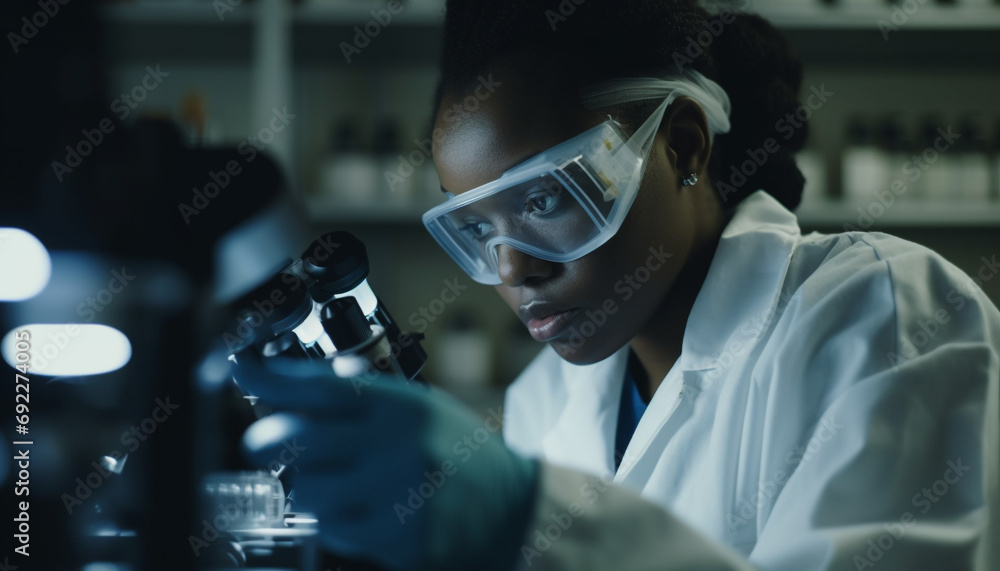 Young women analyzing chemical discovery in laboratory with protective eyewear generative AI