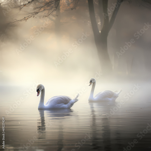 Swans gracefully gliding across a misty pond