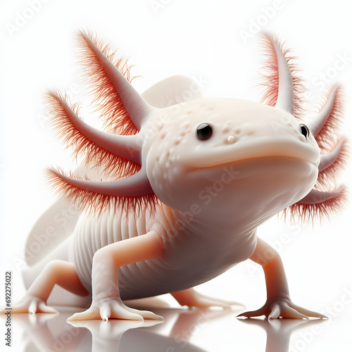 Axolotl, Ambystoma mexicanum, ajolote, axolote mexicano, white axolotl, Leucistic, Mexican walking fish, salamander, freshwater reptile, high quality portrait, isolated white background.