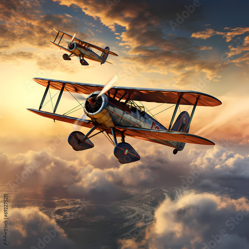 Vintage biplanes performing acrobatic stunts in the sky photo