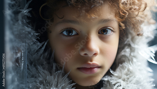 Cute Caucasian child looking at camera, smiling in winter generated by AI