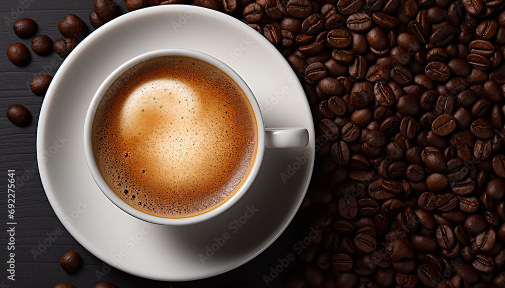 Freshly brewed coffee in a black cup, frothy and aromatic generated by AI Freshly brewed coffee in a black cup, frothy and aromatic generated by AI