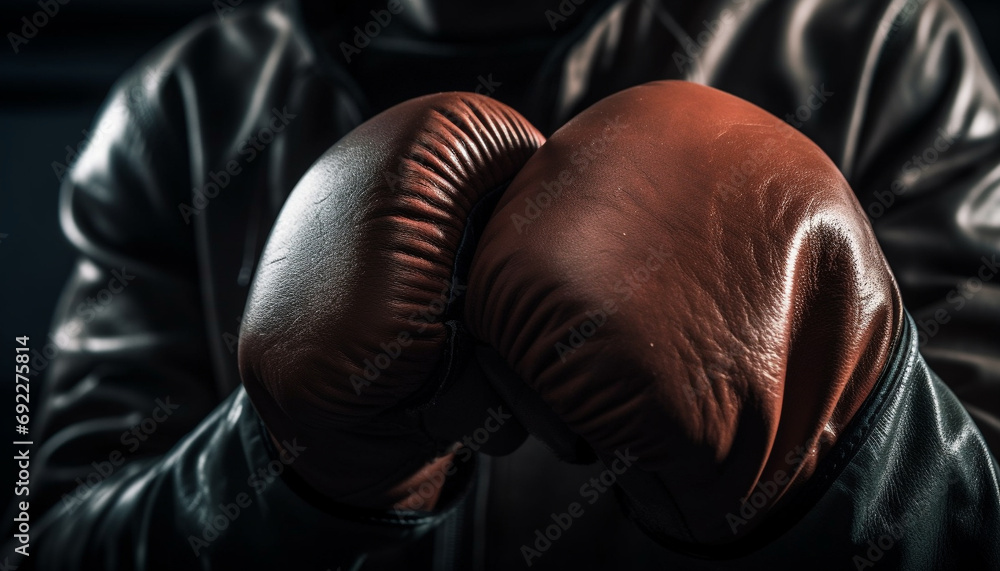 Muscular men in black gloves confront in boxing ring generative AI