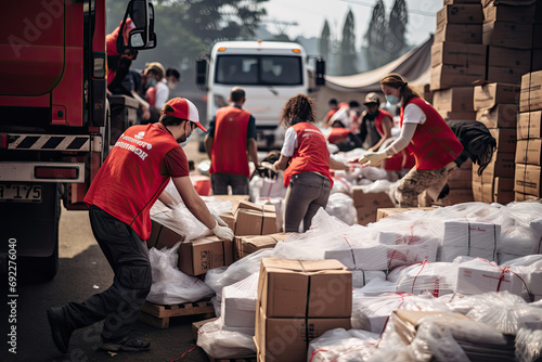 volunteers brought humanitarian aid to the victims #692276040
