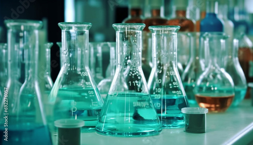 Transparent beaker analyzing blue liquid for scientific discovery in laboratory generative AI