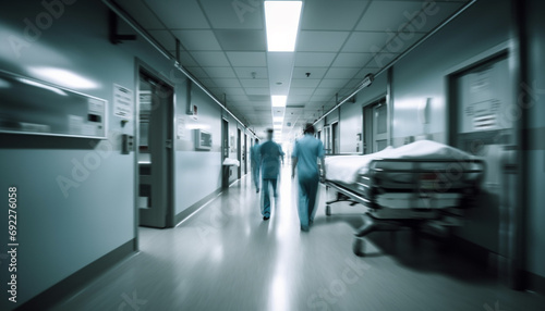 Blurred motion of men walking through modern hospital corridor generative AI
