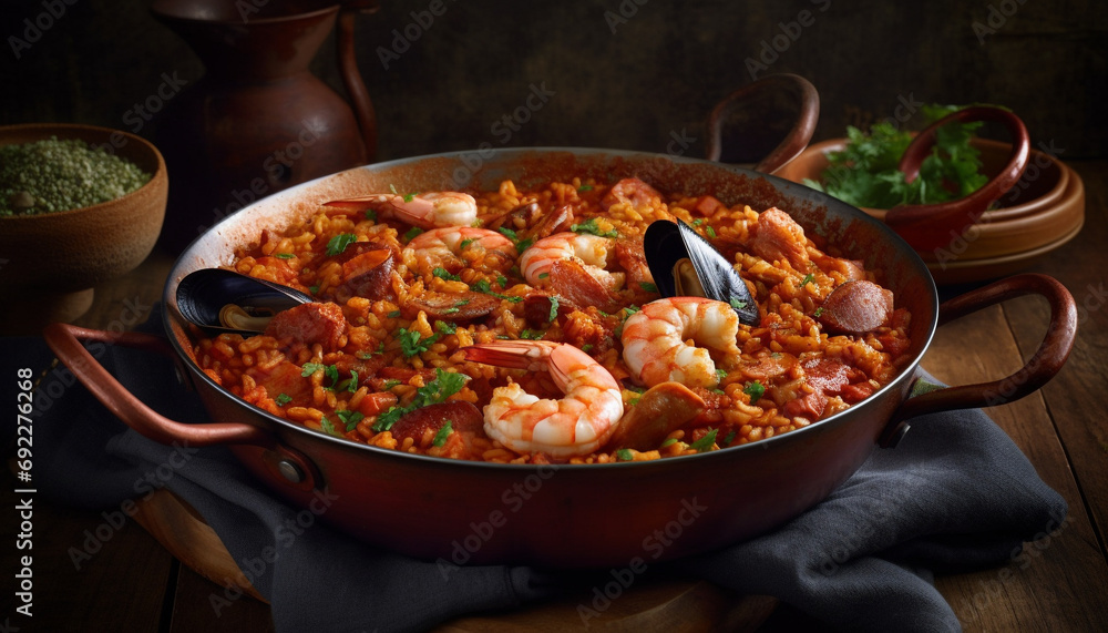 Fresh seafood paella cooked with saffron, prawns, and mussels generative AI