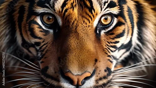 Closeup of the mesmerizing, unblinking stare of a tiger, its amber eyes reflecting a mix of strength and intelligence. photo