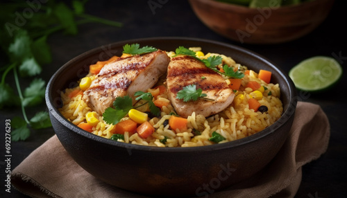 Grilled chicken and vegetable risotto, a homemade gourmet meal generative AI