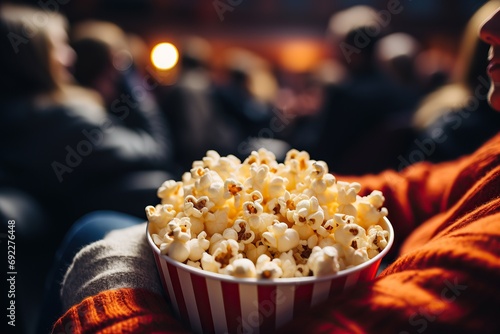 popcorn red cup on movie chair in cinema with empty space to place the text photo