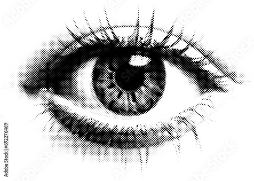 Eye in halftone dots texture, isolated black and white vector design element