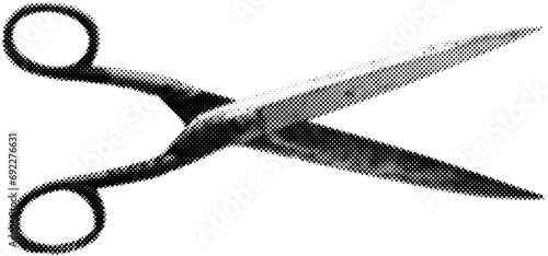 Scissors in halftone dots texture, isolated black and white vector design element