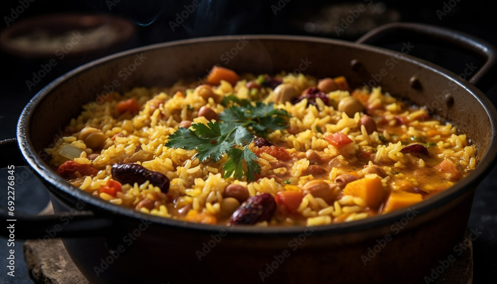 Fresh vegetarian paella with tomato, onion, and bell pepper cooked perfectly generative AI