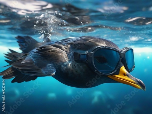 Bird with goggles dives gracefully underwater  capturing the essence of World Migratory Bird Day   perfect image of a bird swimming under the water on it s vacation.