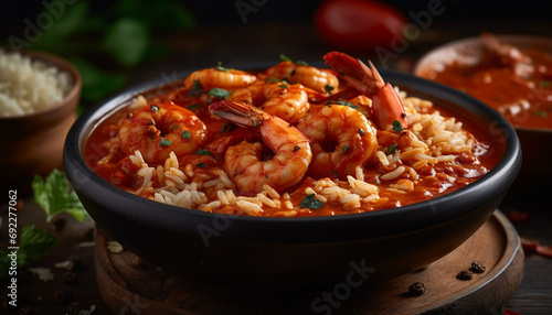 Gourmet seafood meal cooked fresh with prawn, rice, and vegetables generative AI