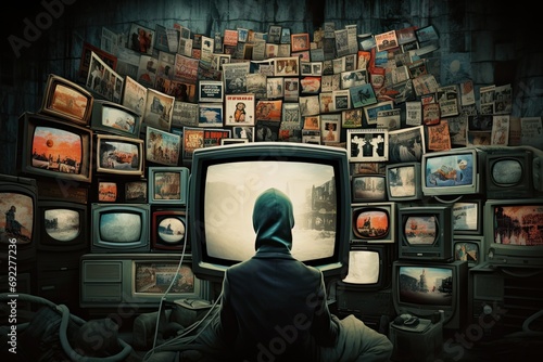 A lone observer stands amid a collage of antique televisions, symbolizing the overwhelming flood of historical media narratives photo