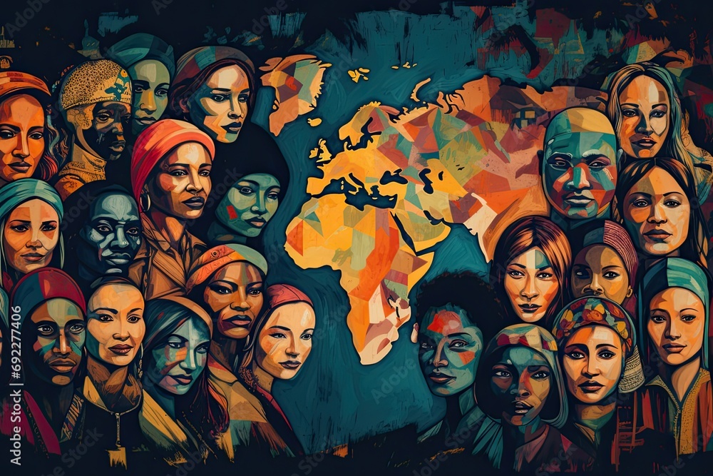 Artistic representation of women from various cultures superimposed on a colorful world map, symbolizing global diversity. - obrazy, fototapety, plakaty 
