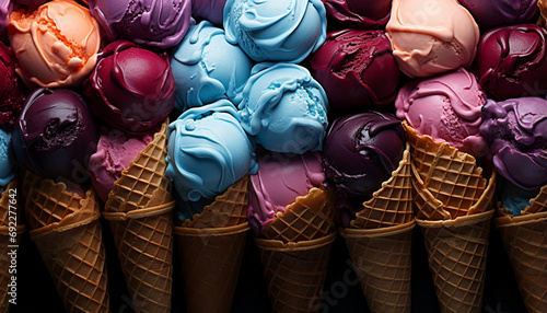 A colorful collection of ice cream cones, a sweet indulgence generated by AI photo