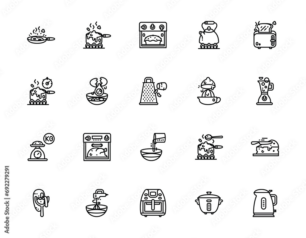 Fototapeta premium Set of outline icons related to cooking. Editable stroke. Outline icons suitable for web, infographics, interface, and apps.