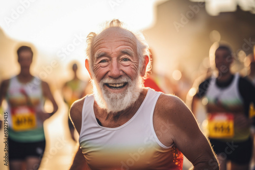 Enthusiastic mature runner in a city marathon  expressing sheer excitement  golden hour lighting.