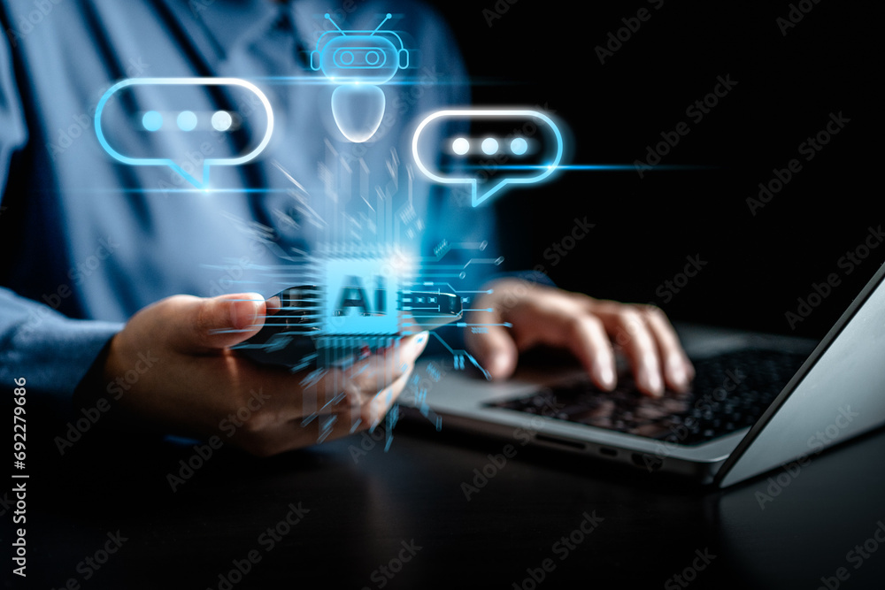 Businesswomen using smartphone chatbot conversation application, Artificial intelligence digital online and automation software technology, the virtual assistant on communication internet. Businesswomen using smartphone chatbot conversation application, Artificial intelligence digital online and automation software technology, the virtual assistant on communication internet.