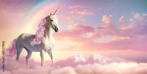 Fantasy landscape featuring a mythical unicorn in a surreal cloudscape at dusk © 18042011