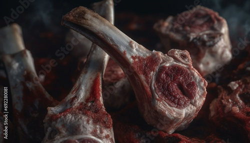 Grilled meat on barbecue, close up of juicy rib steak generated by AI photo