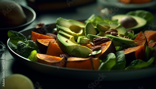 Fresh vegetarian salad with avocado, tomato, and healthy greens generated by AI