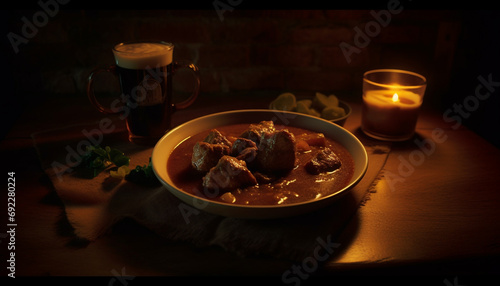 Rustic beef stew on wooden plate, with wine and bread generated by AI