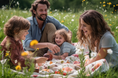 Happy Family picnic in a daisy field, parents with kids enjoying a sunny day, happiness, and nature's beauty.