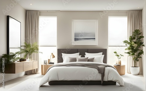 A minimalist bedroom oasis  where neutral tones and soothing textures create a calming atmosphere.