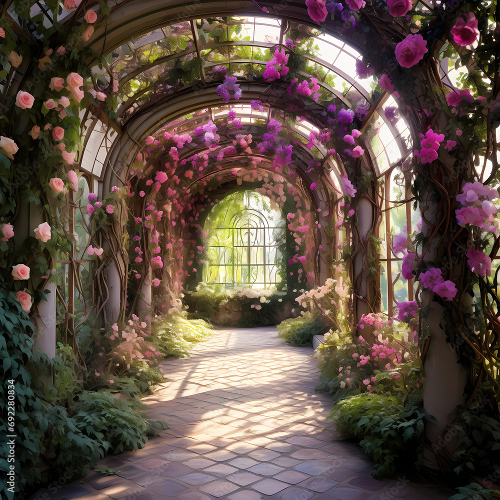 A secret garden with arched trellises and blooming flowers.