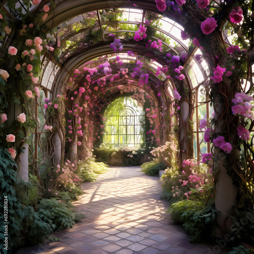 A secret garden with arched trellises and blooming flowers.