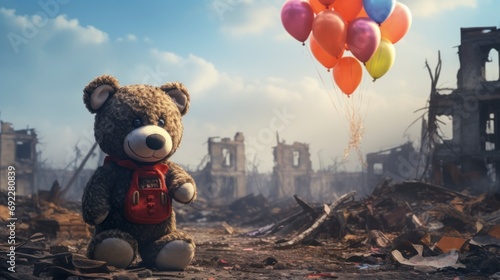 teddy bear in the middle of war with red balloons