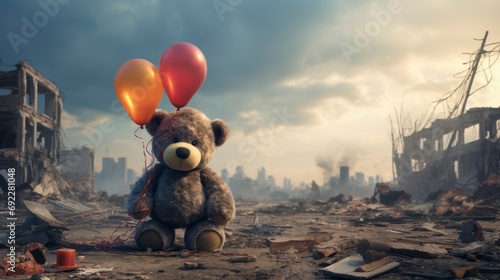 stuffed animal with balloons of a child abandoned by war in a destroyed city photo