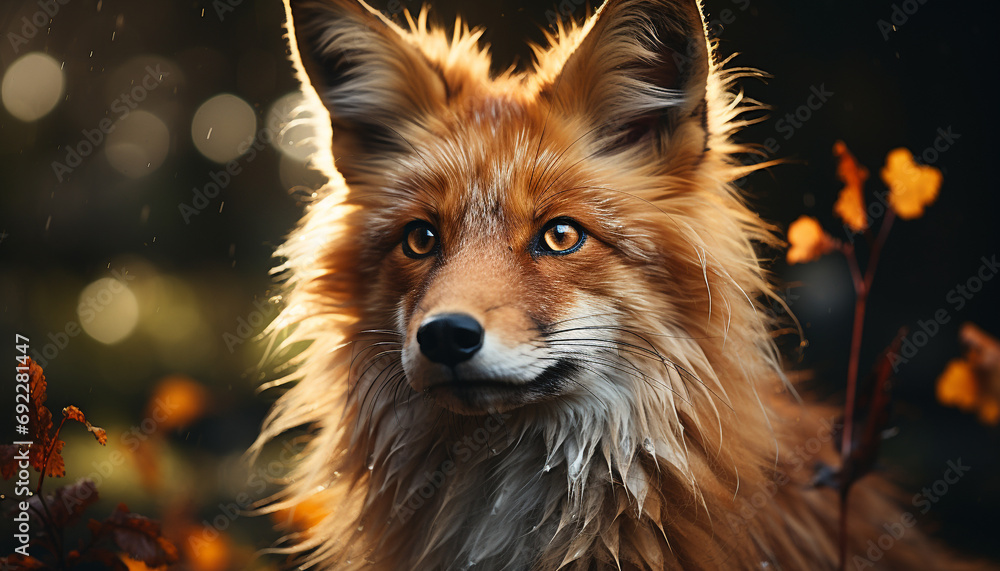 Naklejka premium Cute puppy sitting in grass, looking at camera, outdoors generated by AI