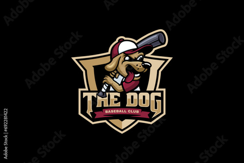 Puppy dog baseball with shield badge mascot logo for baseball or softball team sport