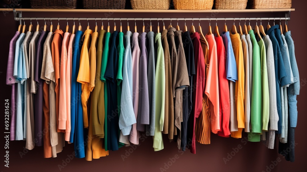 A clutter-free closet with clothes sorted by color or type of clothing