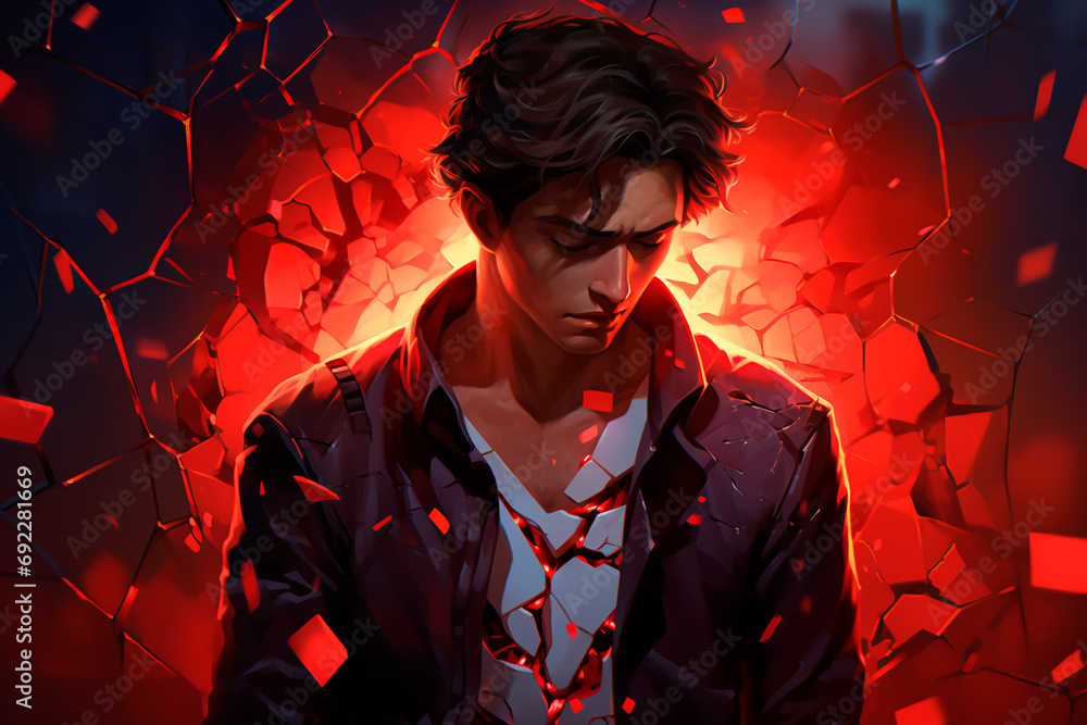 A man has a broken heart. A fantastic image of a broken heart in a man ...