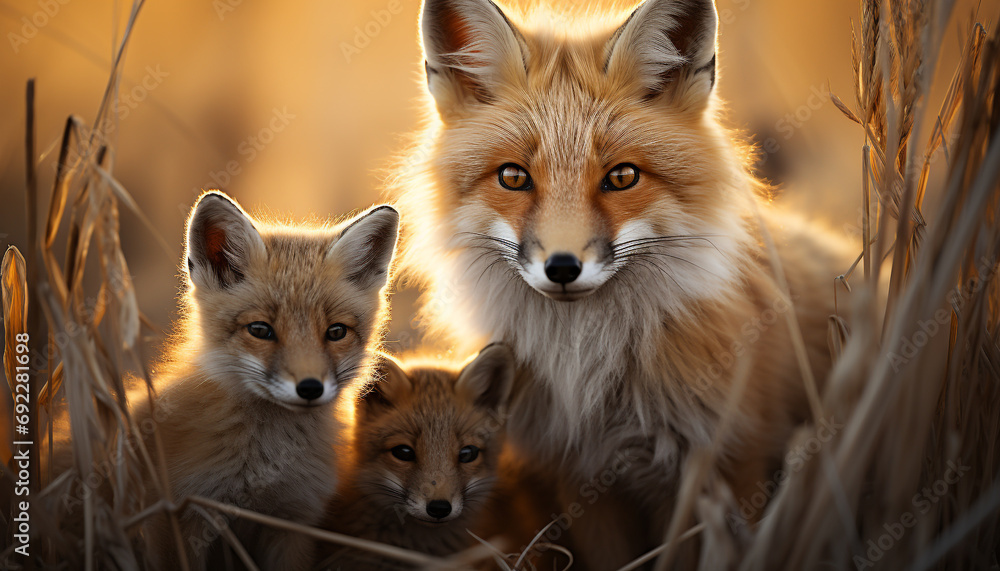 Obraz premium Cute red fox puppy sitting in grass, looking alert generated by AI